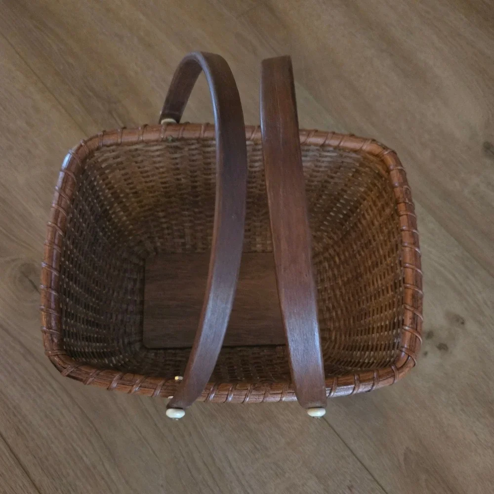 Vintage Nantucket Lightship Basket Oval ‎ Double Handle Dark Brown Woven